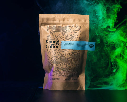 Sound Coffee Costa Rican medium roast coffee bag with artistic smoke background