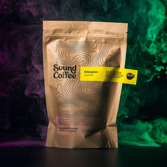 Sound Coffee Ethiopian light roast coffee beans in kraft bag with colorful smoke background