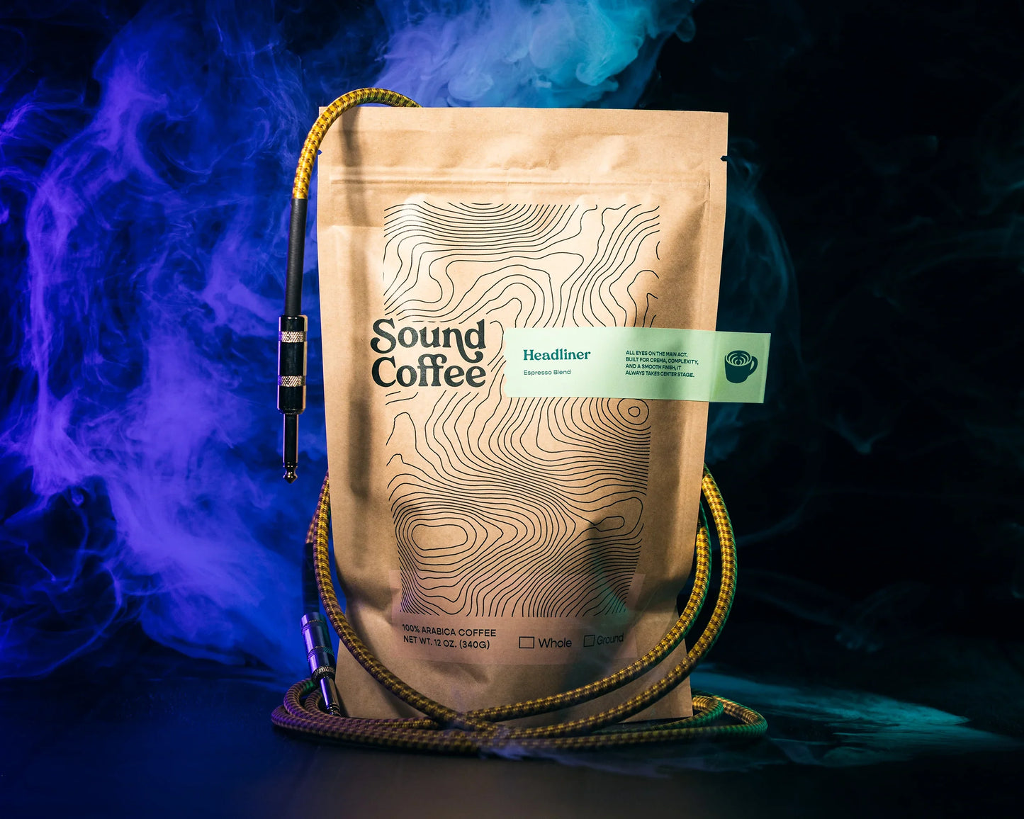 Sound Coffee Headliner espresso blend bag with audio cable, blue smoky background, Bridgeport CT specialty coffee