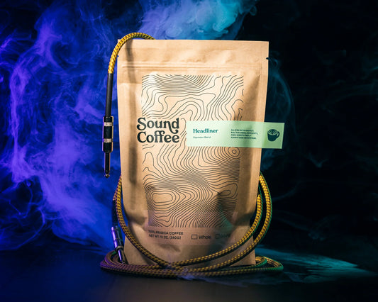 Sound Coffee Headliner espresso blend bag with audio cable, blue smoky background, Bridgeport CT specialty coffee
