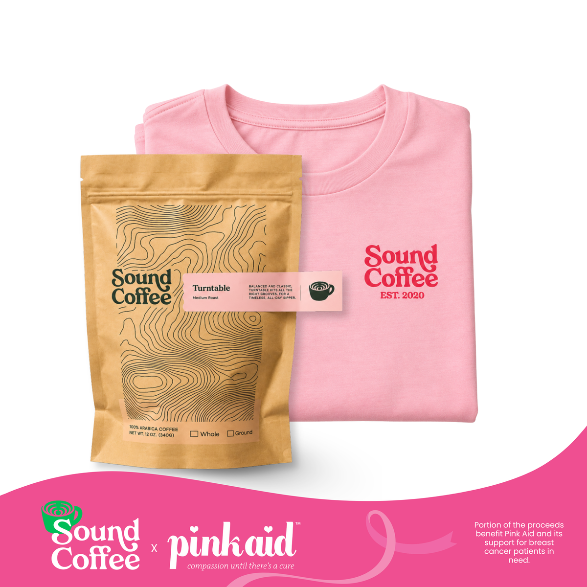 A folded light pink t-shirt with red 'Sound Coffee EST. 2020' text on the chest, displayed next to a brown kraft paper coffee bag labeled 'Sound Coffee Turfable'.