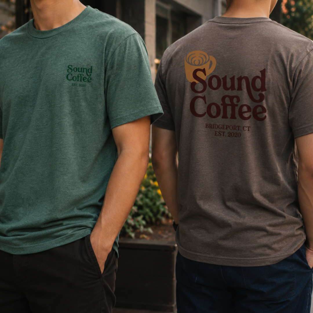 Sound Coffee Tee in Green and Brown when worn