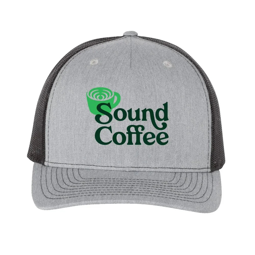 Gray and black trucker hat with green Sound Coffee logo on front, Bridgeport CT coffee gear