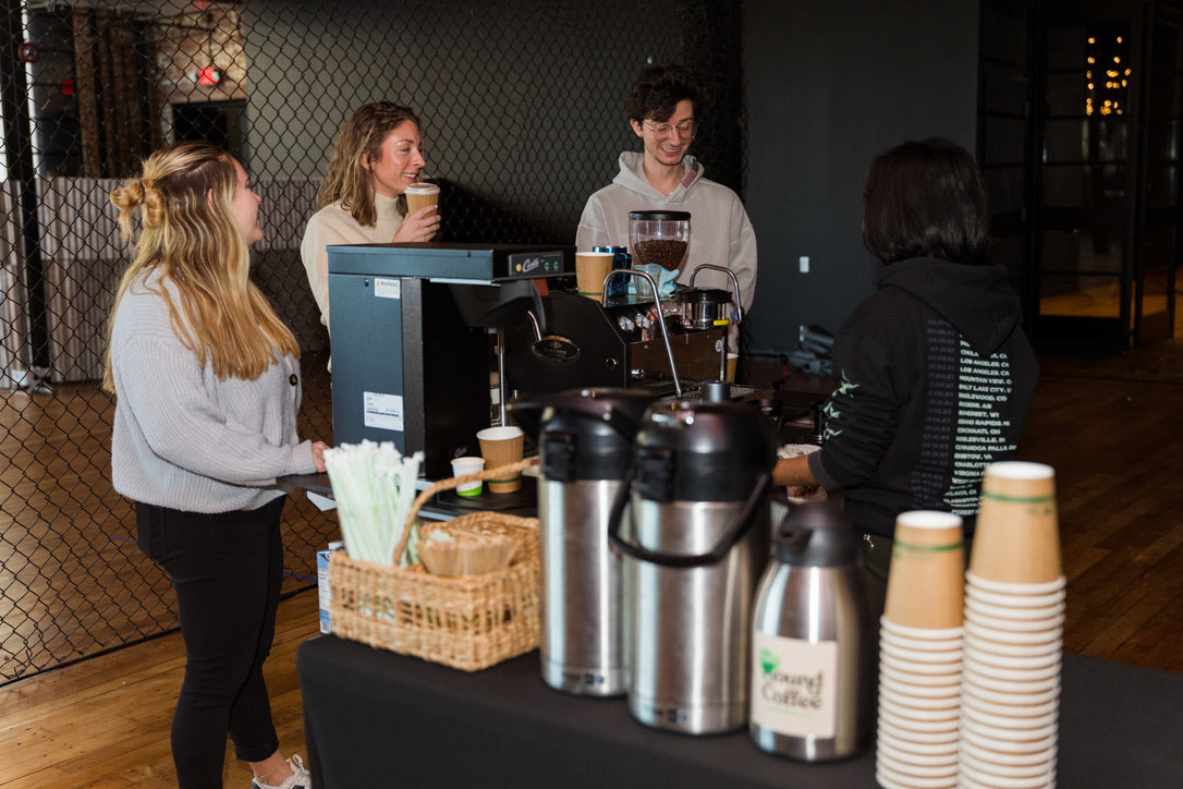 Happy Workers Checking out the Coffee Cart