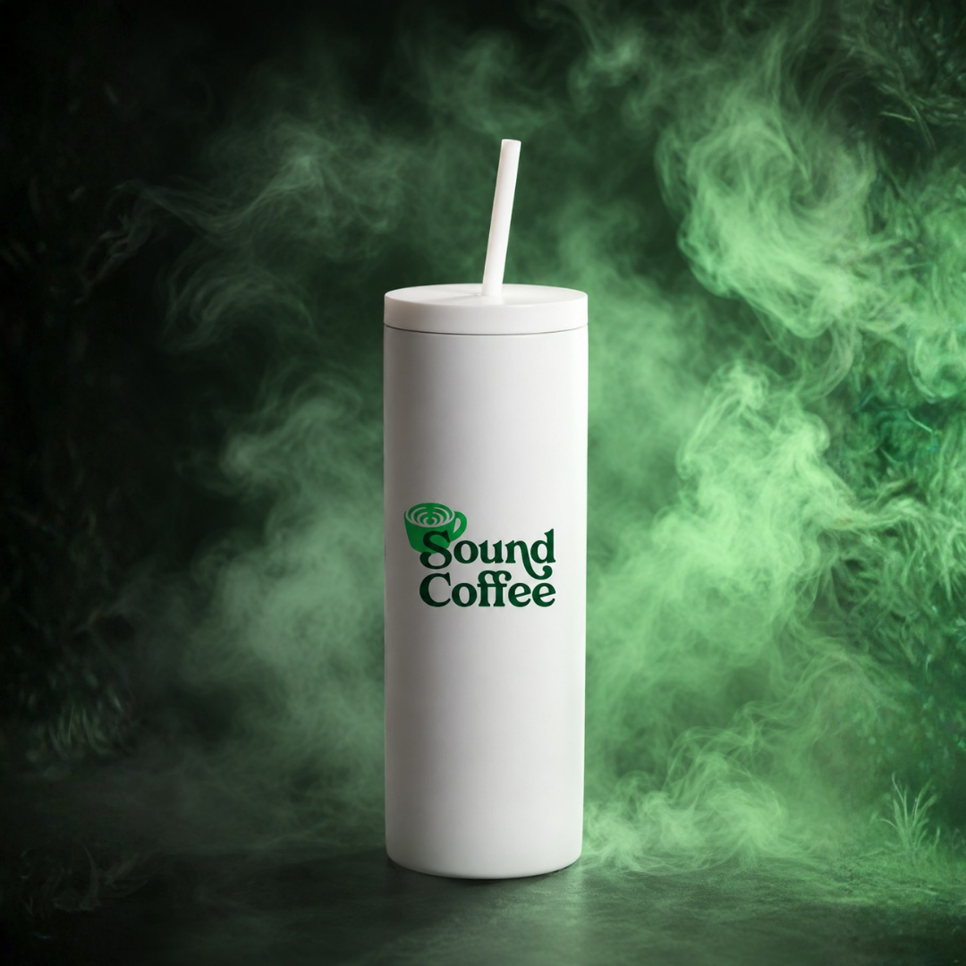Sound Coffee 20oz White Tumbler in a black smokey background