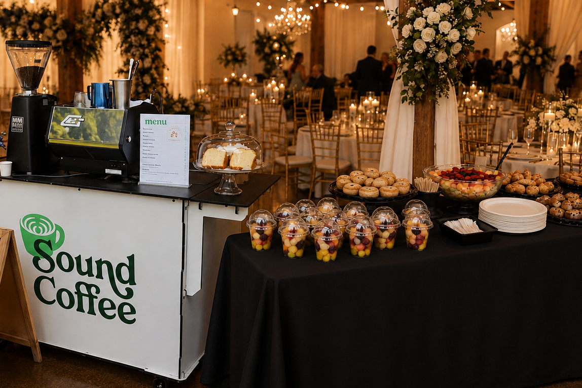 Sound Coffee Cart in a wedding venue with a table full of snacks on the side