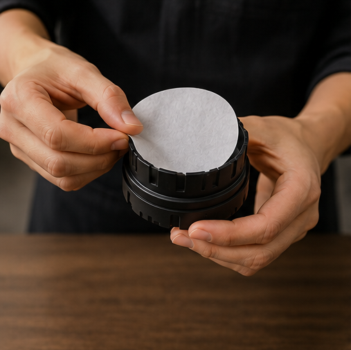 A close-up of a person's hands holding a black round container and peeling back a white circular protective film, set against a dark background with a wooden surface below.