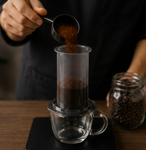 A person pours freshly ground coffee from a black scoop into a clear cylindrical pour-over filter placed over a glass mug. A glass jar of whole coffee beans sits on the table beside the setup.