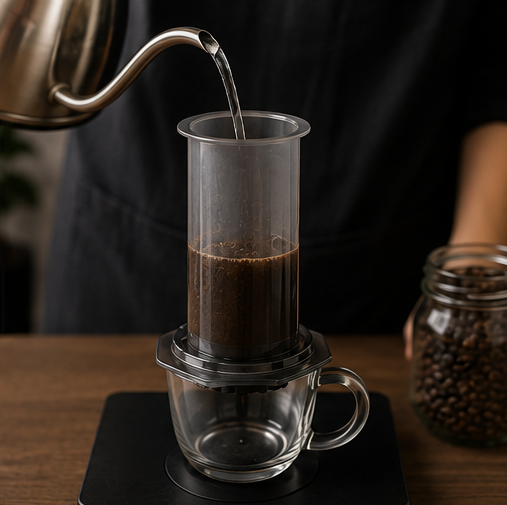 Pouring hot water from a metal kettle into a clear coffee dripper filled with coffee grounds, set over a glass cup on a black scale, with a jar of coffee beans on a wooden table in the background.