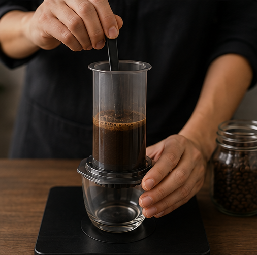 A person's hands are shown using a manual coffee pour-over maker, pouring freshly brewed coffee into a clear cylinder over a glass dripper. The setup is placed on a black digital scale on a wooden table, with a jar of coffee beans in the background.