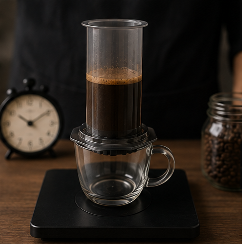 A manual pour-over coffee maker with a clear cylindrical filter chamber filled with dark coffee, resting on a black scale above a clear glass mug. The scene is set on a wooden table with a black analog clock and a jar of coffee beans in the background.