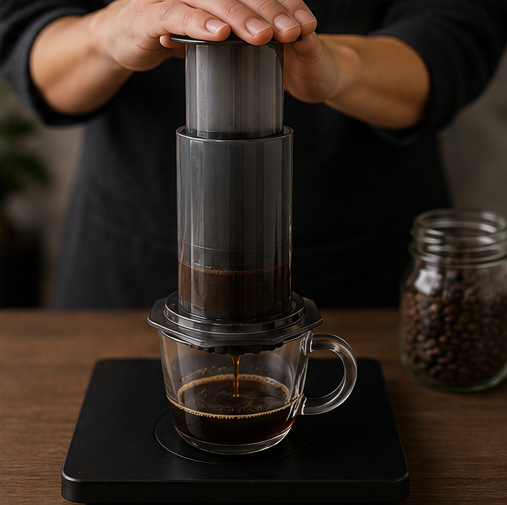 A person using a manual coffee pour-over maker with a clear glass cup collecting the brewed coffee, with a jar of coffee beans on a wooden table in the background.