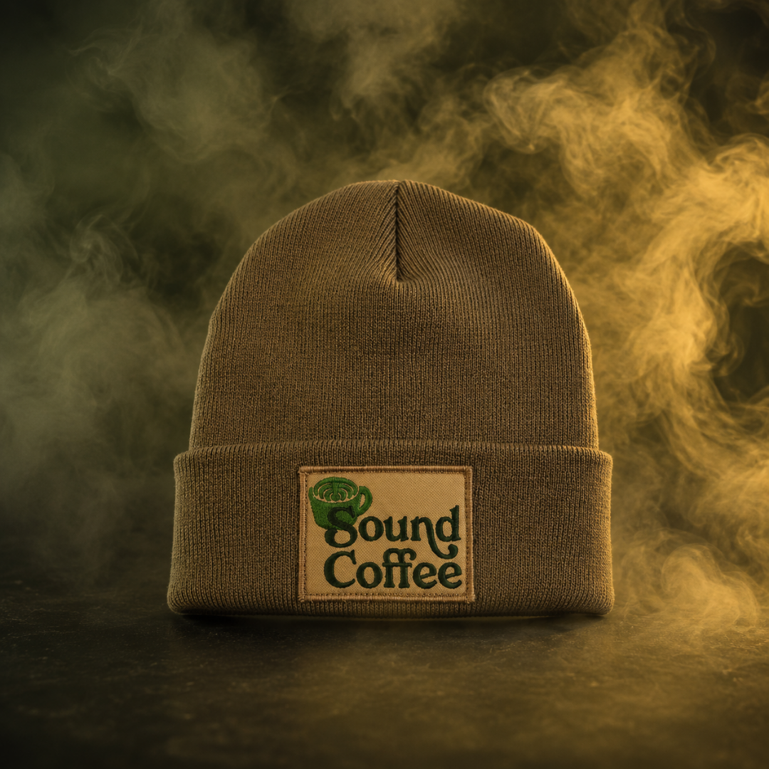 Sound Coffee Beanie in a smokey backround