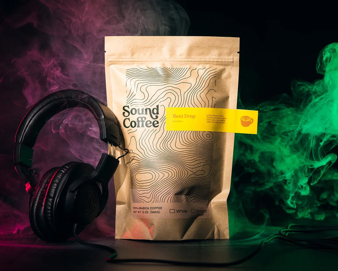 Beat Drop cold brew coffee bag and iced coffee from Sound Coffee