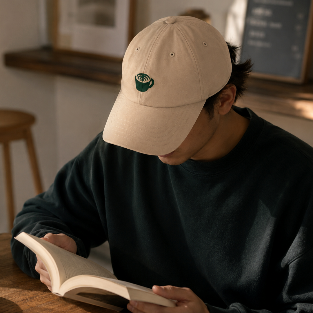 Sound Coffee Bridgeport Dad Hat in Beige when worn