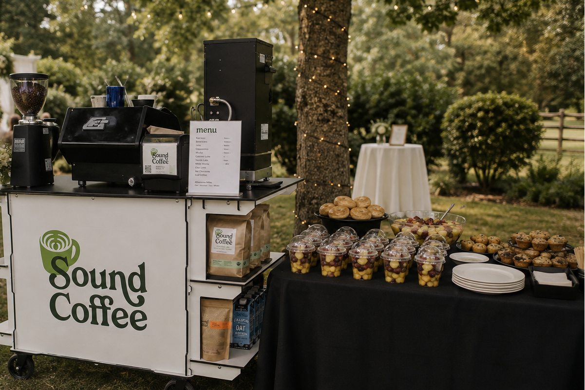 An outdoor wedding reception scene featuring a white Sound Coffee cart with a black espresso machine and coffee beans, next to a table covered in pastries and cupcakes on a black tablecloth, set in a grassy garden with guests seated in the background.