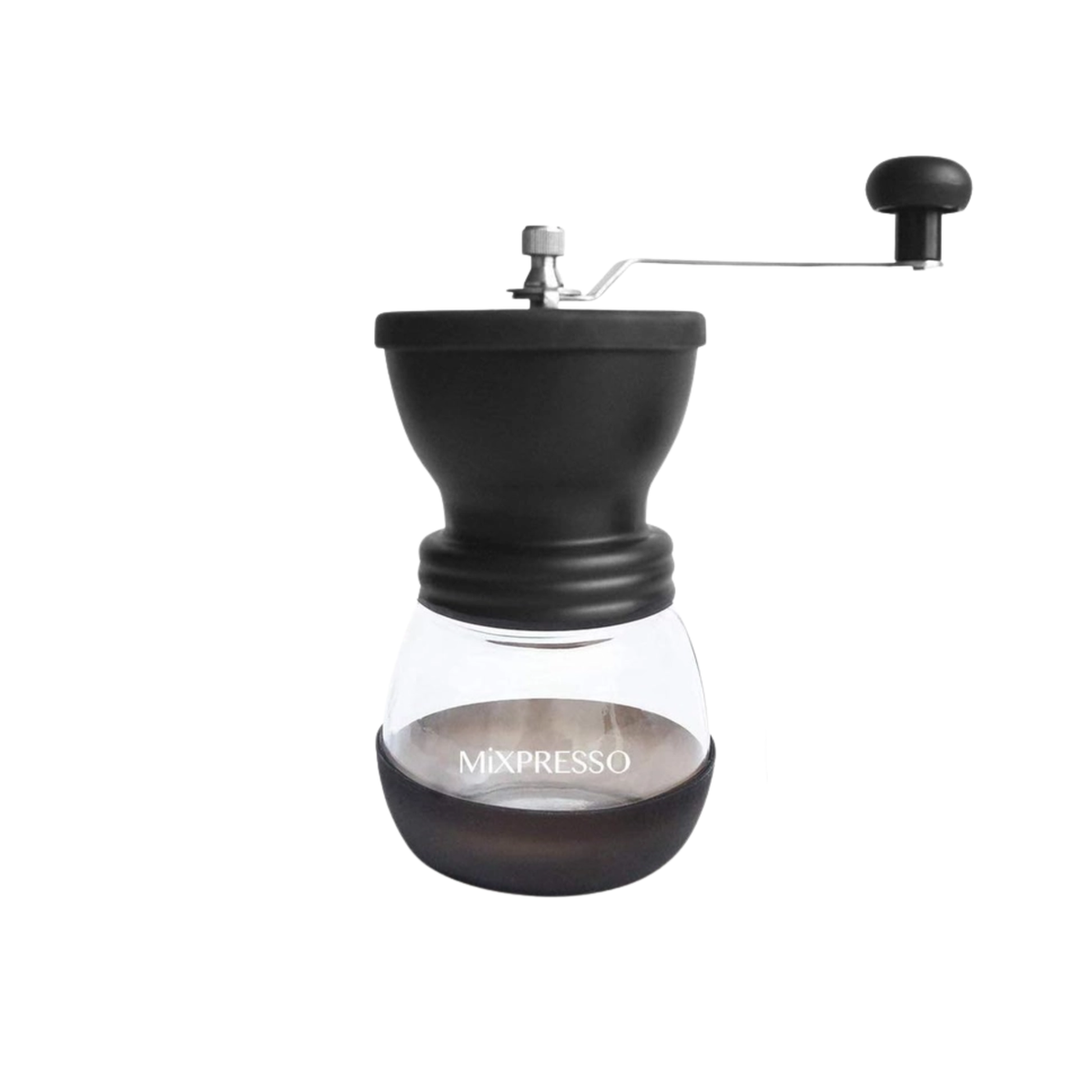 A manual coffee grinder with a matte black metal body, a clear glass carafe, and a black hand-crank handle, shown on a solid white background. The brand name 'MIMPRESSO' is printed on the glass.