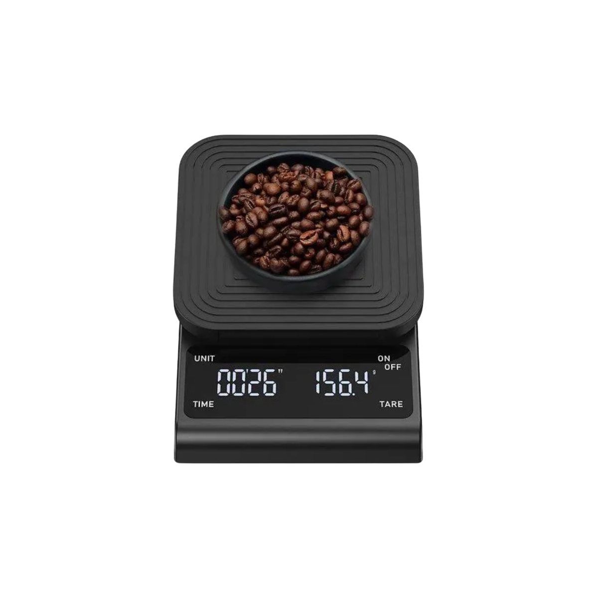 A black digital kitchen scale with a small bowl of roasted coffee beans on its weighing platform, shown against a plain white background.