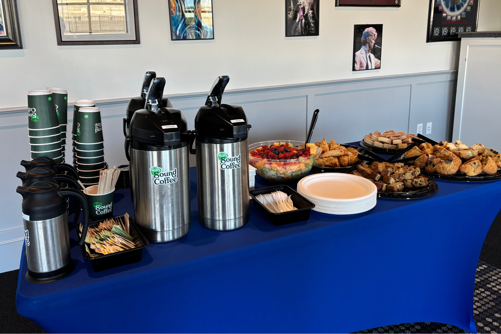 Table of snacks and drip coffee