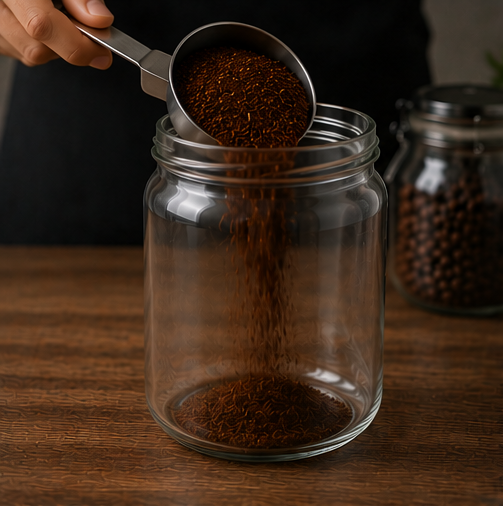 A clear glass jar sits on a wooden table with a metal scoop pouring dark brown coffee grounds into it. A second filled jar is blurred in the background.