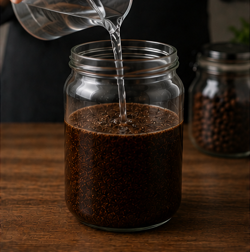 A clear glass mason-style jar filled with dark brown liquid and seeds, with water being poured into it from a glass pitcher. A second similar jar sits blurred in the background on a wooden surface.