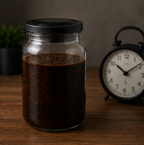 A clear glass jar with a black lid, filled with dark brown liquid and small suspended particles, sits on a wooden surface. A black analog alarm clock is blurred in the background on the right, and a small green plant is blurred on the left.