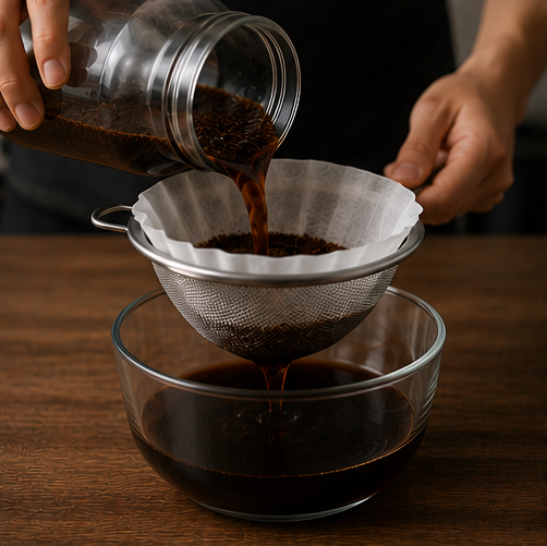 Coffee being brewed and strained, with dark liquid pouring from a glass jar into a metal mesh strainer set over a glass bowl on a wooden table. A person's hands are visible holding the jar and guiding the pour.