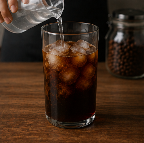 A clear glass tumbler filled with iced dark coffee and ice, with a hand pouring water from a small clear pitcher into it, on a wooden table with a blurred glass jar of coffee beans in the background.