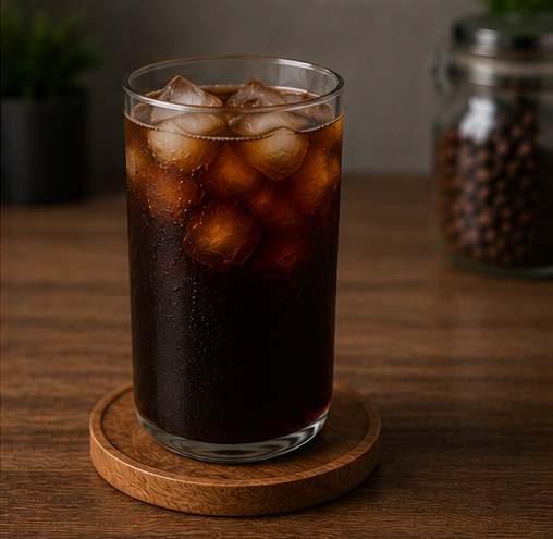 A clear glass tumbler filled with iced dark coffee or iced tea, placed on a round wooden coaster on a wooden table. A blurred jar of coffee beans and a small plant appear in the background.