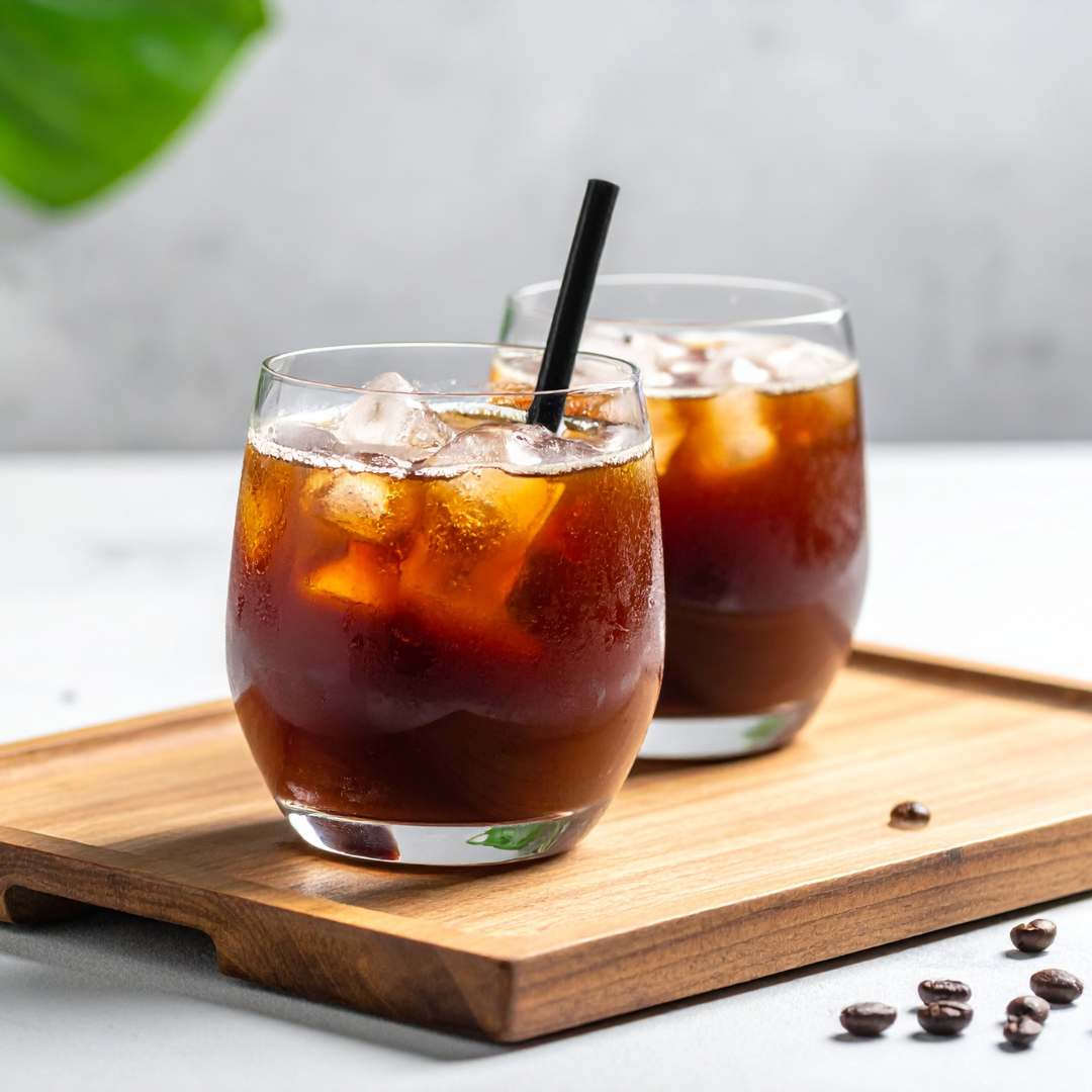 Two clear stemless glasses filled with iced coffee and ice, placed on a wooden tray with a few coffee beans nearby, against a light gray background.