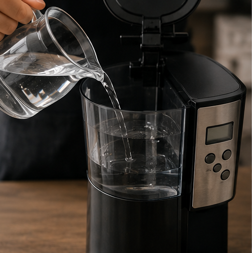 A close-up of a black and stainless steel coffee maker with its lid open, while clear water is poured from a glass pitcher into the reservoir. A hand is visible holding the pitcher.