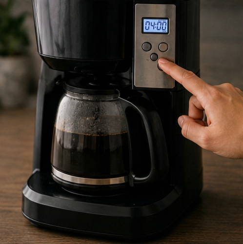 A close-up of a black drip coffee maker with a glass carafe filled with coffee, shown on a wooden surface. A person's hand is pressing the buttons on the front control panel, which has a digital display showing 04:00.