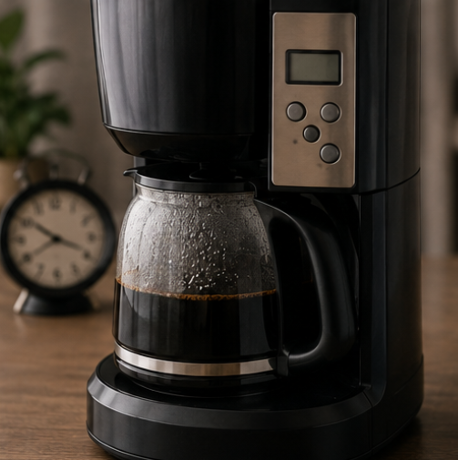 A black coffee maker with a glass carafe filled with coffee sits on a wooden table, with a blurred alarm clock and plant in the background.