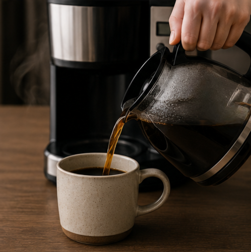 A hand pours hot water from a glass carafe pitcher into a beige speckled ceramic mug, with a black and stainless steel coffee maker in the background on a wooden table.