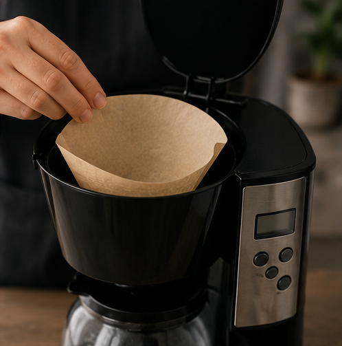 A close-up of a hand placing a brown paper filter cone into the black coffee maker basket, with the coffee maker and glass carafe visible against a softly blurred indoor background.