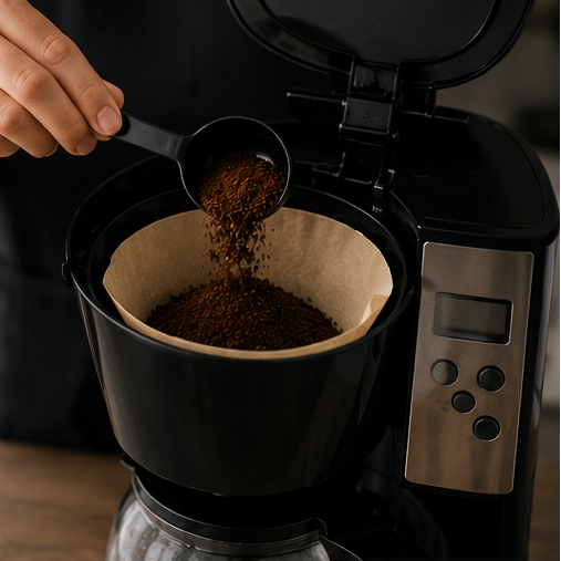A close-up of a person's hand pouring freshly brewed coffee grounds into a black coffee maker using a measuring scoop. The coffee maker has a stainless steel control panel and a paper filter inside.