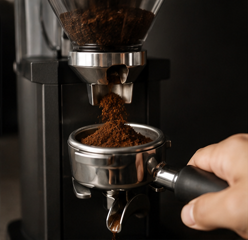 A close-up of a coffee grinder dispensing freshly ground dark brown coffee into a metal portafilter held by a person's hand, set against a dark background.