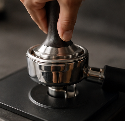 A close-up of a hand using a metal and black coffee tamper to press coffee grounds in a stainless steel portafilter resting on a black stand.