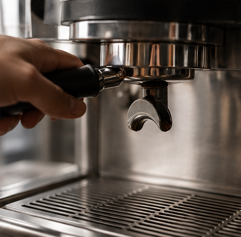 Six-panel collage showing espresso preparation: grinding coffee, tamping, pouring into a portafilter, extracting espresso, and pouring espresso into a glass. Hands and a real kitchen/bar environment are visible, so this is Lifestyle rather than Product/Packaging.