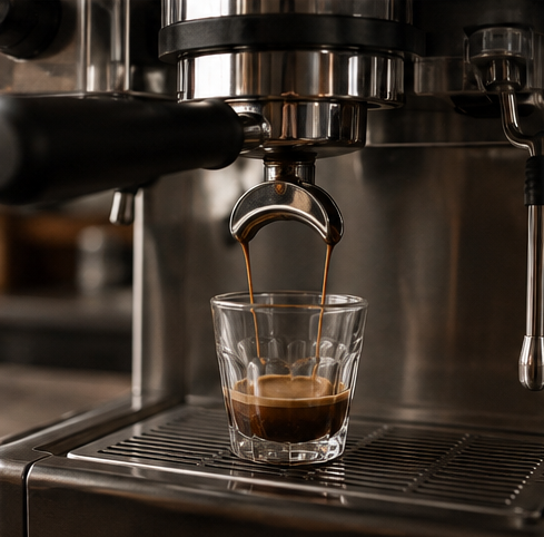 A close-up of espresso being brewed from a stainless steel espresso machine and poured into a small clear glass cup on a drip tray.