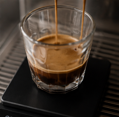 A clear faceted glass cup filled with espresso, with two streams of coffee pouring into it, resting on a black scale.