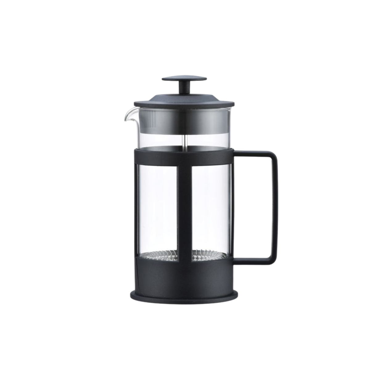 A classic French press coffee maker with a black metal frame, handle, and plunger, and a clear glass carafe, shown against a plain white background.