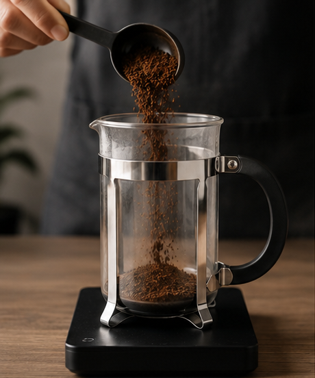 A person's hand pours dark brown coffee granules from a black measuring spoon into a clear glass French press with a black handle, set on a black digital scale over a wooden table.