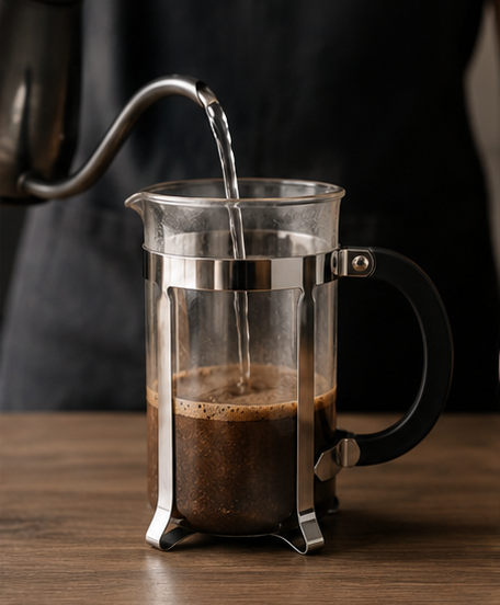 A clear glass French press with a black handle and silver metal frame sits on a wooden table, with hot water being poured into it from a gooseneck kettle. The press contains dark coffee grounds.