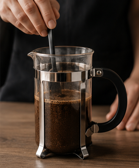 A clear glass French press coffee maker with a black handle and metal frame sits on a wooden table, with a person's hand stirring dark coffee inside using a black spoon.