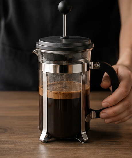 A glass French press coffee maker with a black plunger and handle, filled with dark coffee, shown on a wooden table with a person's hand holding the handle.