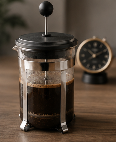 A glass French press with a black metal plunger and handle sits on a wooden table, filled with dark coffee. A blurred vintage-style round clock is in the background.