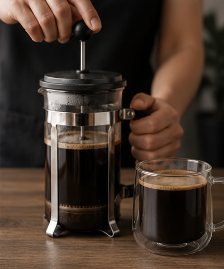 A person using a glass French press to pour freshly brewed coffee into a clear double-walled glass mug on a wooden table.