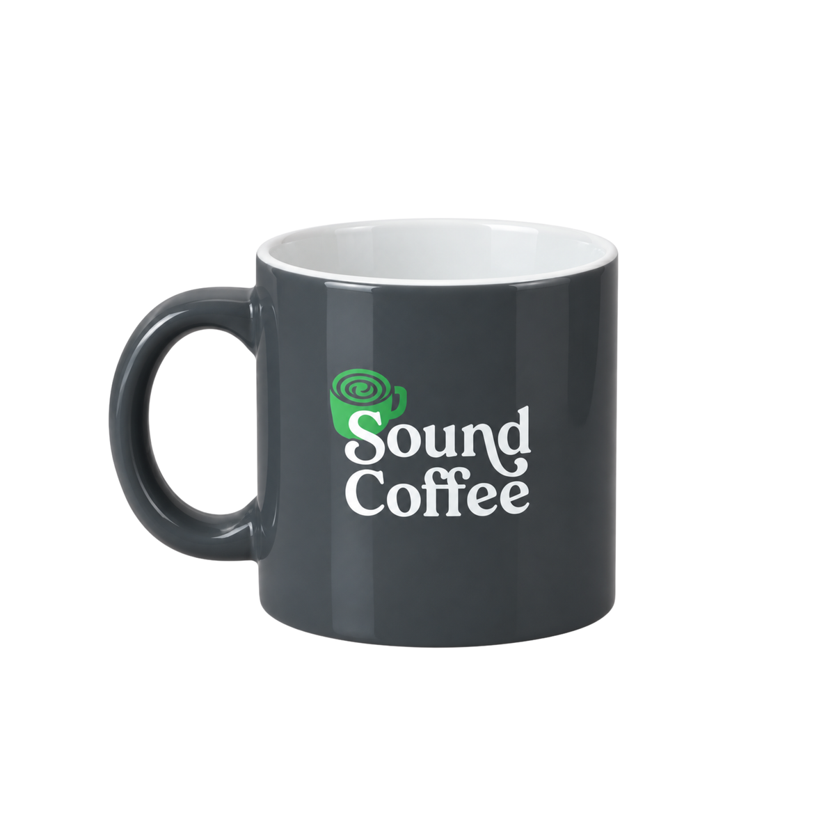 A dark gray ceramic coffee mug with a white interior, featuring a green coffee cup icon and the words 'Sound Coffee' printed on the front, set against a plain white background.