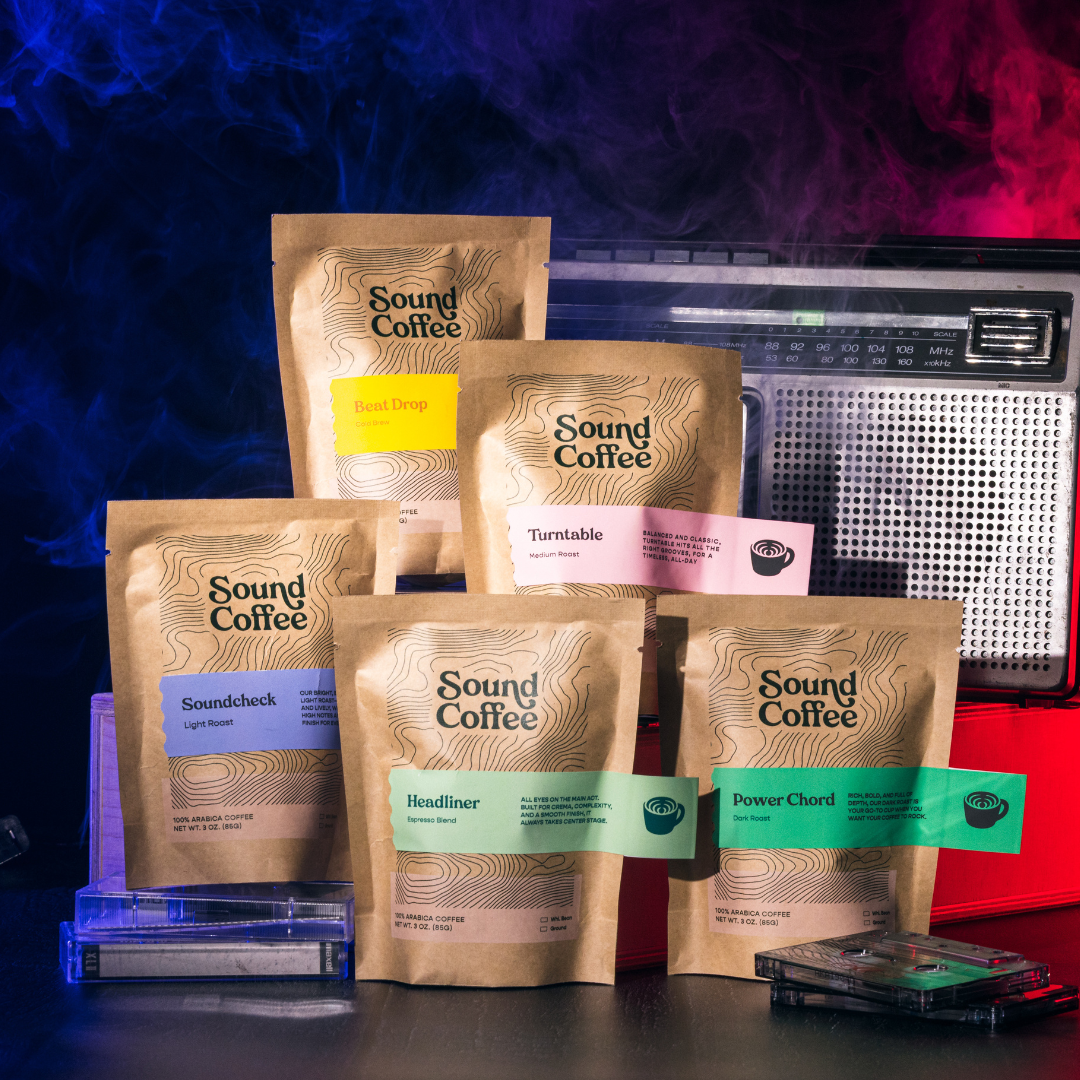 FIve packages of assorted 2.5oz Sample Packs of the Greatest Hits Sound Coffee Sample Pack